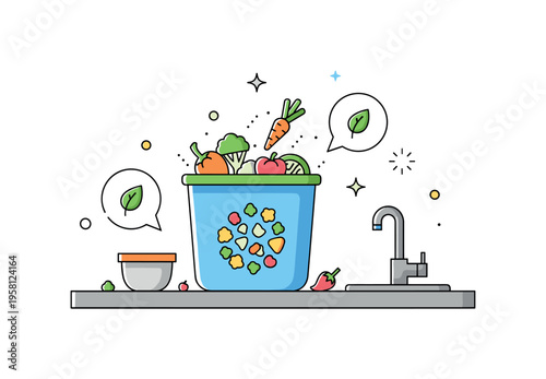 Kitchen compost bin on a countertop filled with colorful vegetable scraps while a small leaf icon and spark accents suggest eco friendly living. The scene