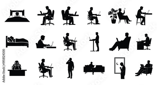 Collection of human silhouettes depicting everyday life, work, relaxation and stress