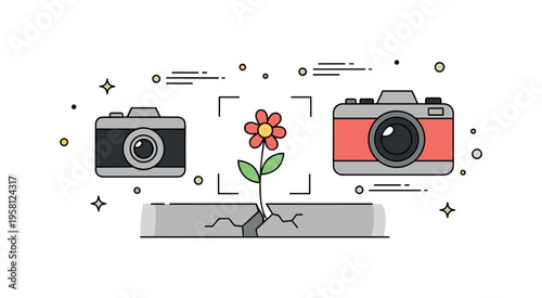 Celebrating everyday beauty through photography with a camera framing a simple flower growing from a sidewalk crack. The hopeful scene expresses how ordinary