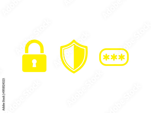 Yellow security icons featuring a lock, a protective crest, and a masked input area symbolize caution or attention.