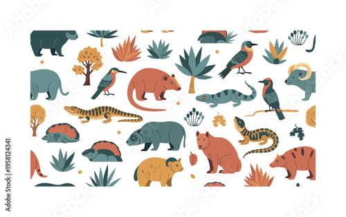 rare ecosystem creatures seamless pattern, unusual mammals reptiles birds and plants living only in limited ecosystems arranged in a repeating pattern, white