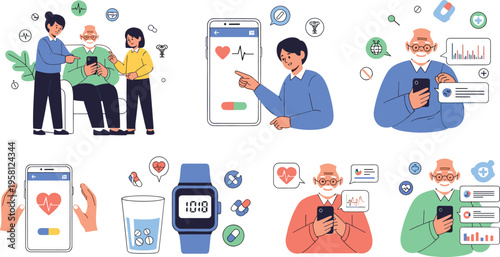Digital healthcare and remote monitoring set with mobile apps, smartwatch and patient care, telemedicine technology cartoon vector illustration collection