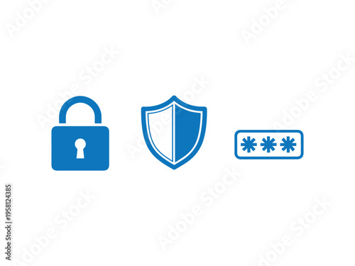 Blue security icons depicting a locked padlock, protective shield, and hidden text field are centered on white.