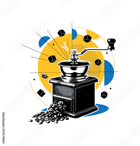 retro coffee grinder with beans spilling out, black and white cut-out appliance with white outline effect, large yellow circle behind the grinder symbolizing