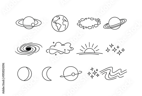 Planetary Motion and Space Phenomena. Minimalistic set one-line drawing orbiting planet, rotating Earth, asteroid belt, Saturn with rings, black hole swirl,
