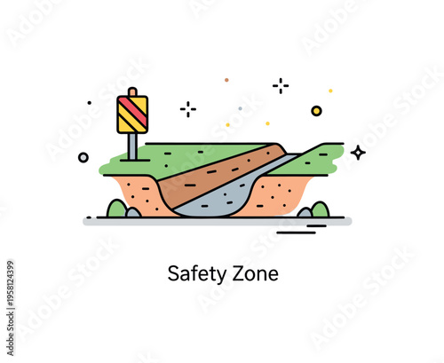 Roadside safety ditch scene featuring a shallow earth channel with a simple caution marker. Subtle decorative dots and a small ?Safety Zone? caption emphasize