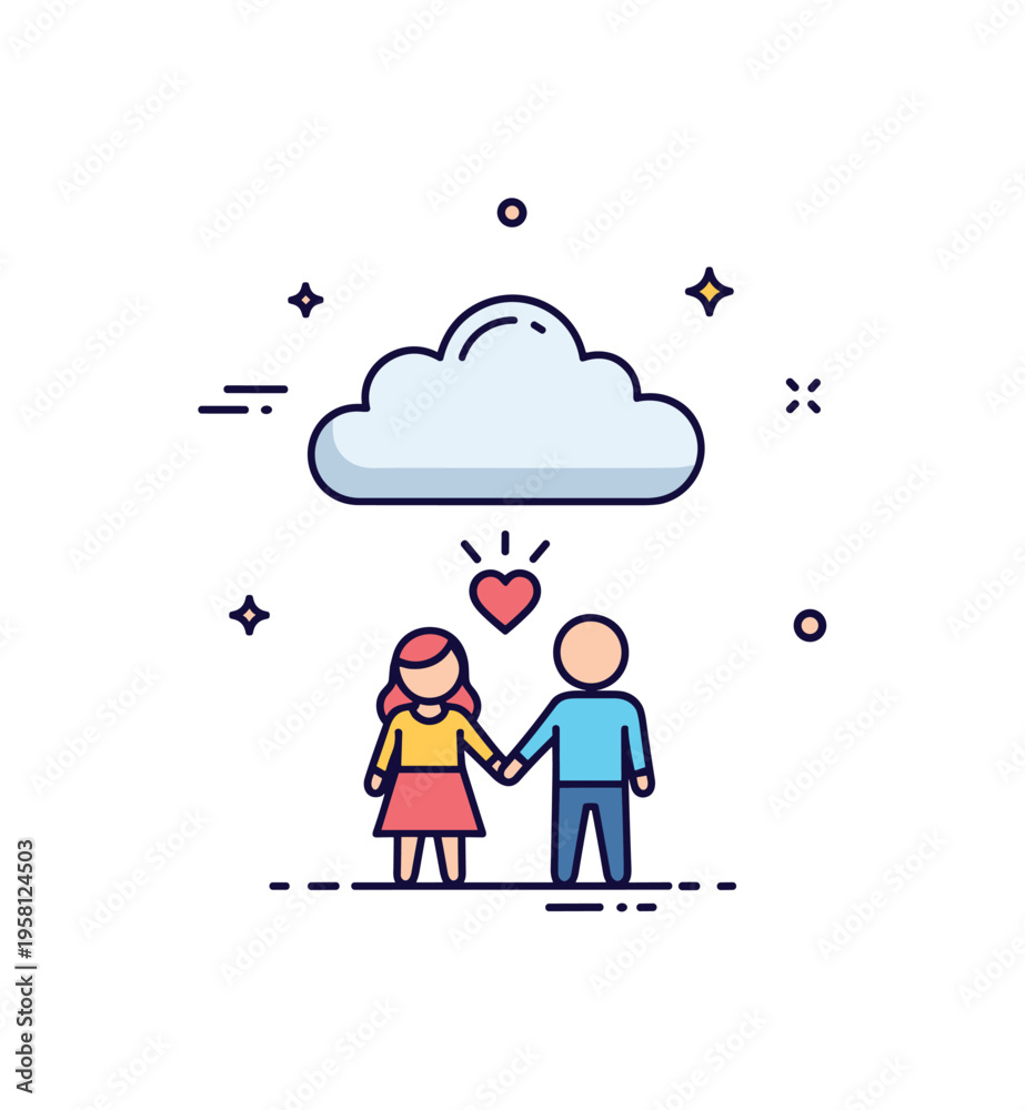 Fototapeta premium Couple resilience concept featuring two small figures holding hands while standing beneath a cloud with a tiny heart shining above it. Warm visual metaphor of