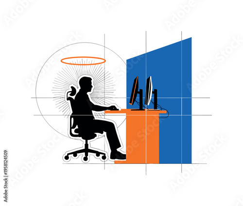 Black and white seated office worker in perfect ergonomic posture at a desk, oversized abstract halo circle behind the chair, bold cobalt blue and vivid orange