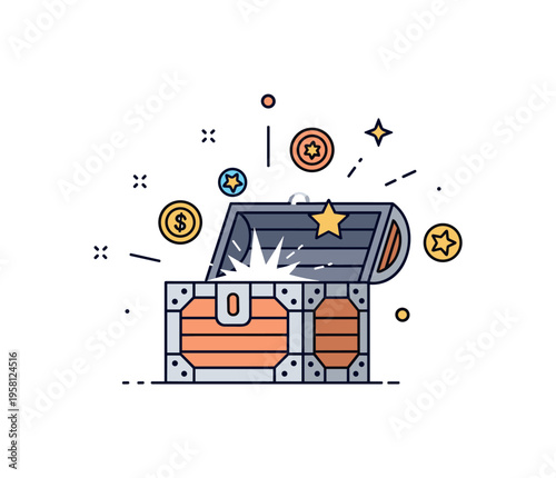 Gaming reward chest a compact treasure chest with a bright sparkle burst and floating reward symbols like coins and stars representing chance based game prizes