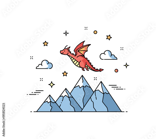 Tiny dragon fantasy scene charming little dragon soaring over mountain peaks with subtle decorative clouds and sparkles enhancing the magical scene. Minimalist