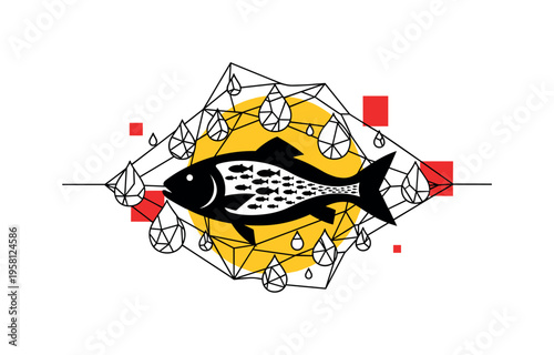 Conceptual environmental toxicity theme featuring a monochrome fish silhouette surrounded by geometric droplets, vivid yellow circle backdrop, sharp black