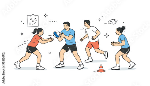 Team training session. A sports team practicing drills together, passing a ball and moving in sync. Focused preparation and cooperative energy in a clean open