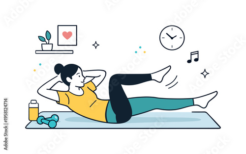 Home pilates routine. A simple interior with a person practicing pilates on a mat, relaxed environment and controlled core work. The illustration communicates