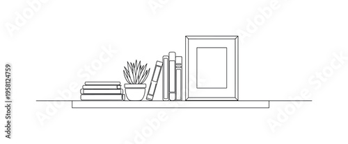 Custom Home Decor Space. Minimalistic one-line drawing shelf with books, plant and framed picture arranged to reflect personal taste, continuous single black