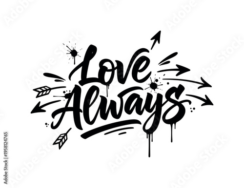 Love Always. lettering and all elements in black. Vector style. AWhite background. Pure white background. Perfect isolation and visual consistency. Dynamic