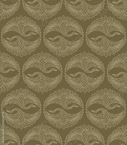 Japanese Crane Bird Crest Vector Seamless Pattern