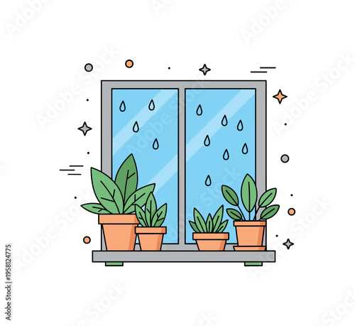 Rainy day window with plants small cozy window frame with leafy potted plants resting on the sill while gentle raindrops slide down the glass