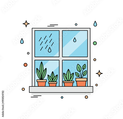 Rainy window plant corner charming home window decorated with simple houseplants while raindrops softly fall outside the frame. Minimalist flat