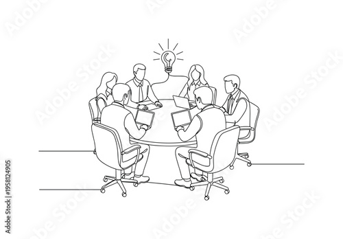 Office Idea Collaboration. Minimalistic one-line drawing team seated around meeting table working on shared ideas, continuous single black line on white