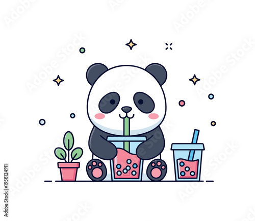 Little panda boba tea drink sweet panda holding a cup of bubble tea and sipping through a straw creating a cozy drink themed illustration. Minimalist flat