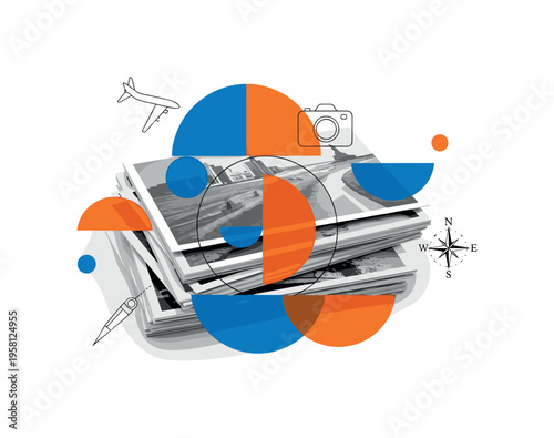 travel memory photo stack with geometric circles semicircles and symbolic shapes, black and white stack of printed travel photos slightly scattered with