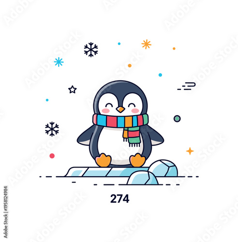 Little penguin cozy scarf cute penguin wrapped in a colorful scarf, standing happily with tiny snowflakes and playful decorative accents. Minimalist flat