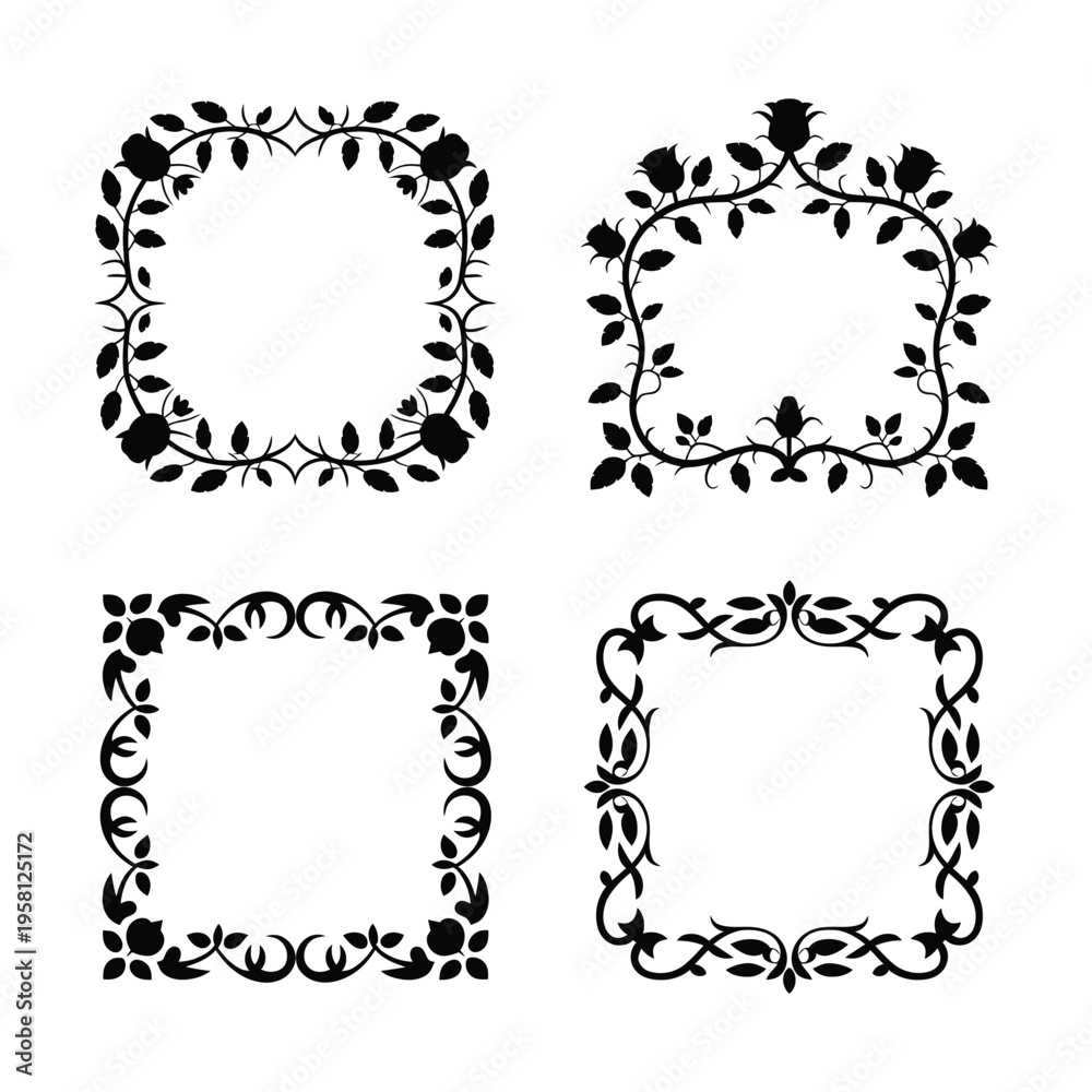 Obraz premium Set of four black floral frame designs with leaves and roses on white background
