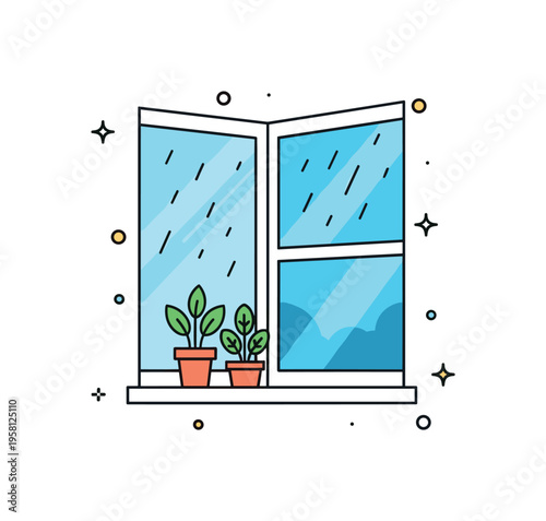 Peaceful rainy window corner charming window with two small houseplants on the sill while rain softly falls outside creating a calm cozy indoor moment.