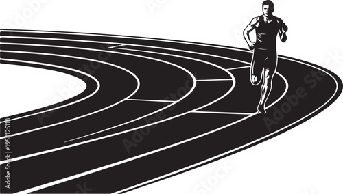 Man running on a black and white race track