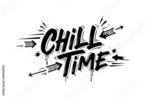 Chill Time. lettering and all elements in black. Vector style. AWhite background. Pure white background. Perfect isolation and visual consistency. Dynamic