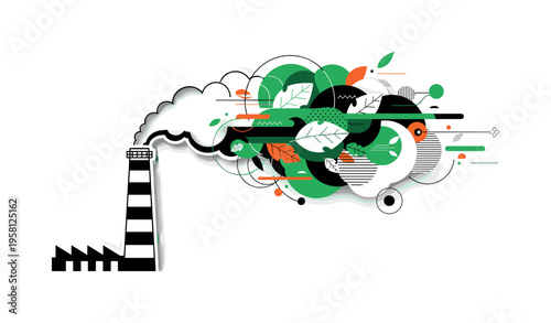 factory chimney releasing particles transforming into leaves abstract circles lines and geometric shapes representing pollution control black and white retro