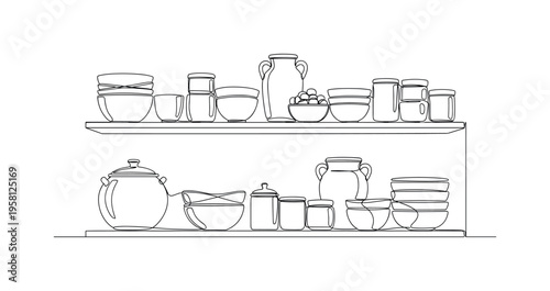 Shelf of Ceramics. Minimalistic one-line drawing shelf filled with ceramic pots, bowls, and small containers in a neat arrangement, continuous single black