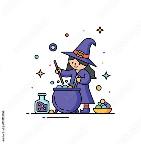 Mini witch potion maker charming tiny witch carefully mixing a potion in a bubbling cauldron creating a whimsical magical moment. Minimalist flat vector