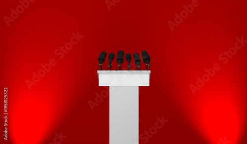 3D white Podium with Press Microphones on red Background
