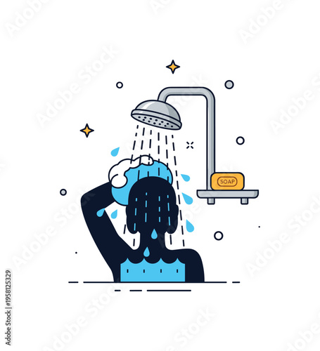 Morning shower scene showing a person?s silhouette under flowing water with a tiny soap bar and shower caddy nearby, conveying daily hygiene, relaxation, and