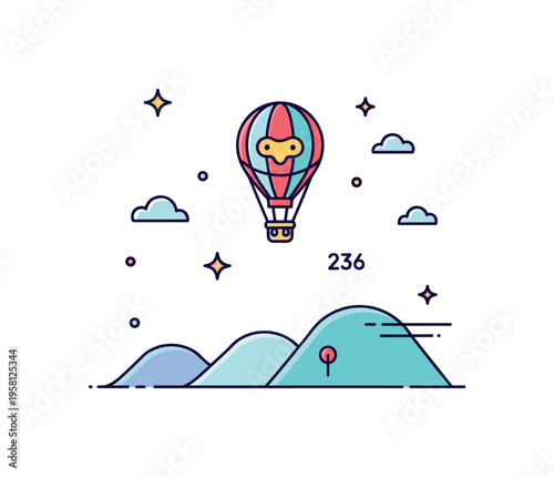 Mini balloon hill adventure playful little hot air balloon floating above softly rolling hills with subtle decorative clouds and sparkles. Minimalist flat