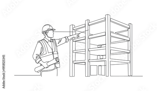 Engineer Checking Structure. Minimalistic one-line drawing building inspector pointing toward a partially built framework while holding plans, continuous