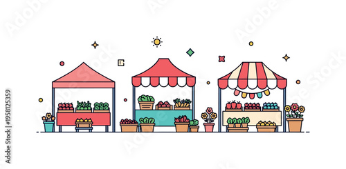 Small-town outdoor market with tents and tables filled with fresh produce and flowers, subtle decorative stars and dots evoking charm, warmth, and casual