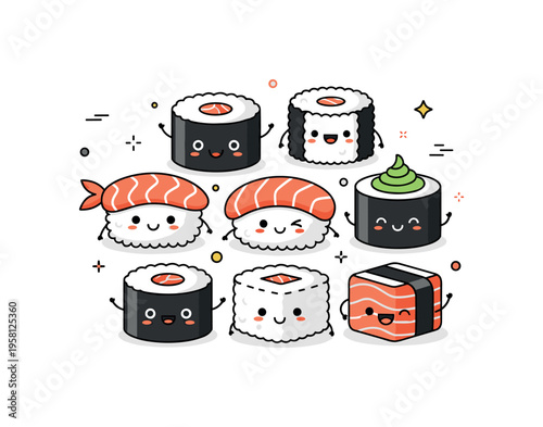 Cute sushi food mascots cheerful sushi characters with smiling faces arranged together like tiny animated food icons. Minimalist flat vector illustration,