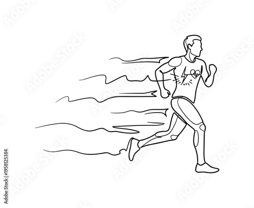 Running Effects. Minimalistic one-line drawing jogger with motion lines and simplified internal body indicators for energy and heartbeat, continuous single