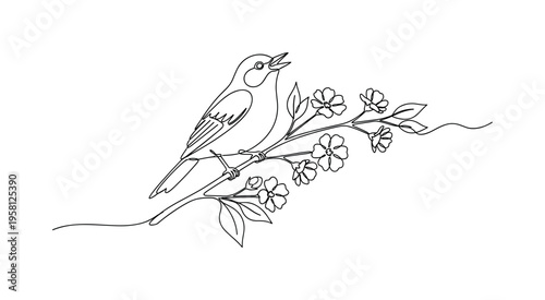 Plant Animal Symbiosis. Minimalistic one-line drawing bird perched on a flowering plant branch symbolizing mutual support in nature, continuous single black