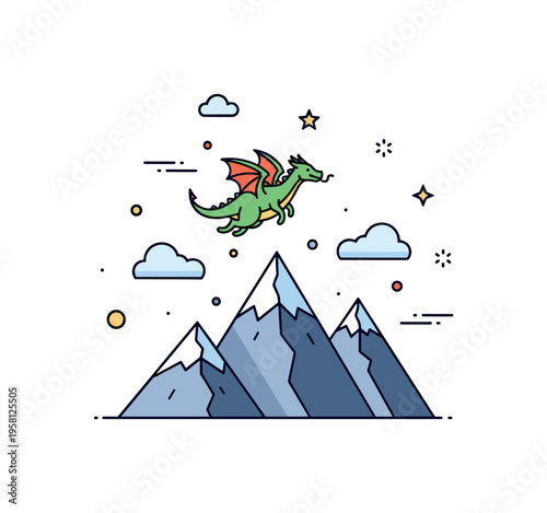 Dragon soaring over peaks tiny dragon flying above mountain ridges with a few clouds and sparkles adding a whimsical fantasy touch. Minimalist flat vector