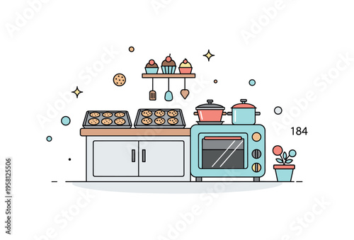 Little bakery cooking scene charming tiny kitchen with trays of cookies and cupcakes on a counter and a small oven with soft decorative accents. Minimalist