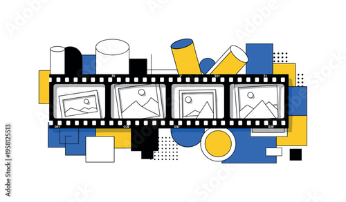 travel photo film strip with abstract cylinders circles and graphic blocks, black and white film strip showing travel snapshots with white outline cut-out