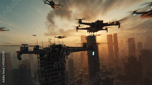 Futuristic military drones flying tight formation ruined urban city sunrise, cinematic aerial tracking shot, dust clouds, abandoned skyscrapers, realistic metallic textures, dynamic lighting, high-res