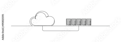 Cloud Infrastructure Concept. Minimalistic one-line drawing cloud symbol connected with server racks forming technology network, continuous single black line