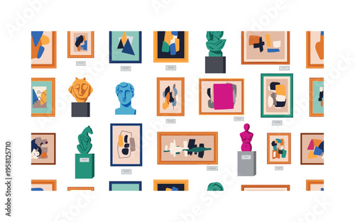 Art display exhibition with frames, paintings, sculptures and wall labels composition, seamless pattern, repeating pattern, surface design, textile print, soft