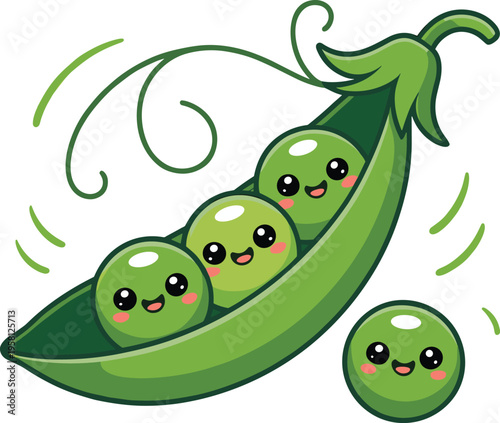 Cute pea pod cartoon characters, kawaii green peas smiling inside pod, healthy vegetable illustration for kids isolated on white background