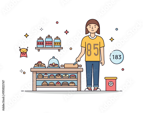 Mini bakery kitchen cute small kitchen setup with a counter full of pastries, a tiny rolling pin, and decorative jars for a playful culinary scene. Minimalist