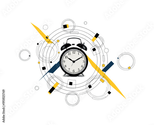 black-and-white alarm clock surrounded by repeated circular rings representing multiple snooze alarms, abstract lines and geometric blocks suggesting time